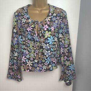 XOXO Vintage Y2K Black/Multicolored Floral Tie Babydoll Bell Sleeve Fairy Top S